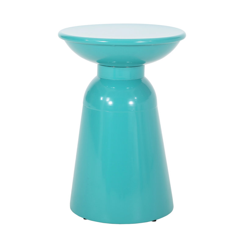 Paire de tables d'appoint en fer sarcelle, thermolaquées, 15 po x 15 po x 20,64 po et 12 po x 12 po x 17,25 po, avec piédestal moderne pour l'extérieur et la zone évasée, patio près de la piscine