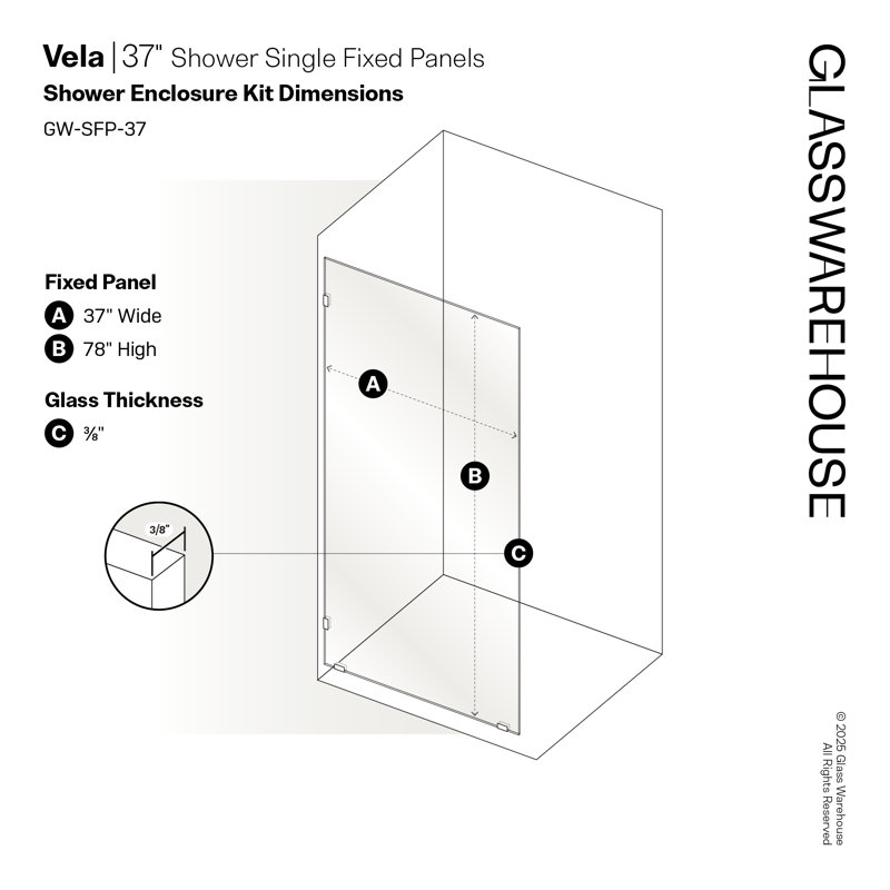 Vela 37 in. x 78 in. Fully Frameless Single Fixed Shower Panel, Polished Nickel