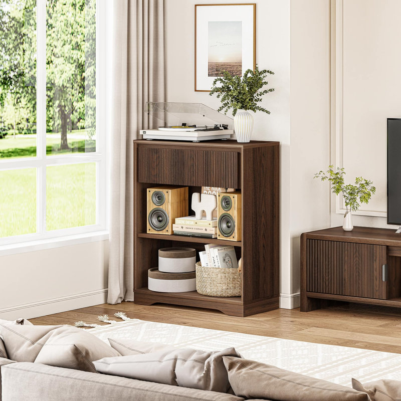 Bibliothèque Guinna à 3 niveaux avec tiroir, petite bibliothèque avec tablette réglable et motif ondulé pour salon, chambre à coucher, bureau à domicile, entrée