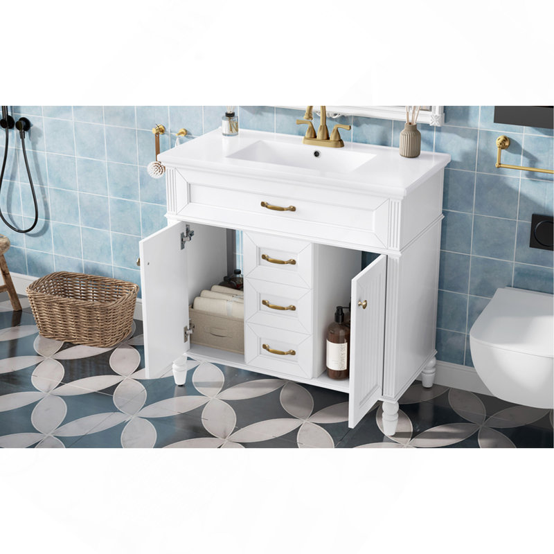 Meuble-lavabo 36 po avec lavabo, meuble autoportant noir avec cuve en céramique, cadre en bois aggloméré et en bois massif, tiroir supérieur rabattable, portes à fermeture en douceur, 2 tiroirs de rangement