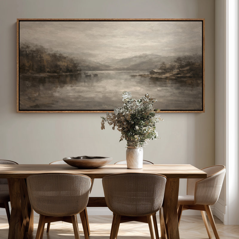 «Extra Large Misty Lake Forest Landscape», reproduction d'art sur toile encadrée, H 30 po x l 60 po, Naturel