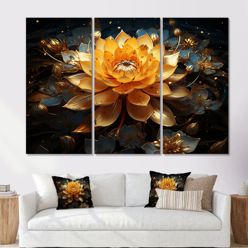 Golden Lotus Tranquility II - lotus, art mural sur toile, Toile tendue, H 32 po x l 48 po x P 1 po