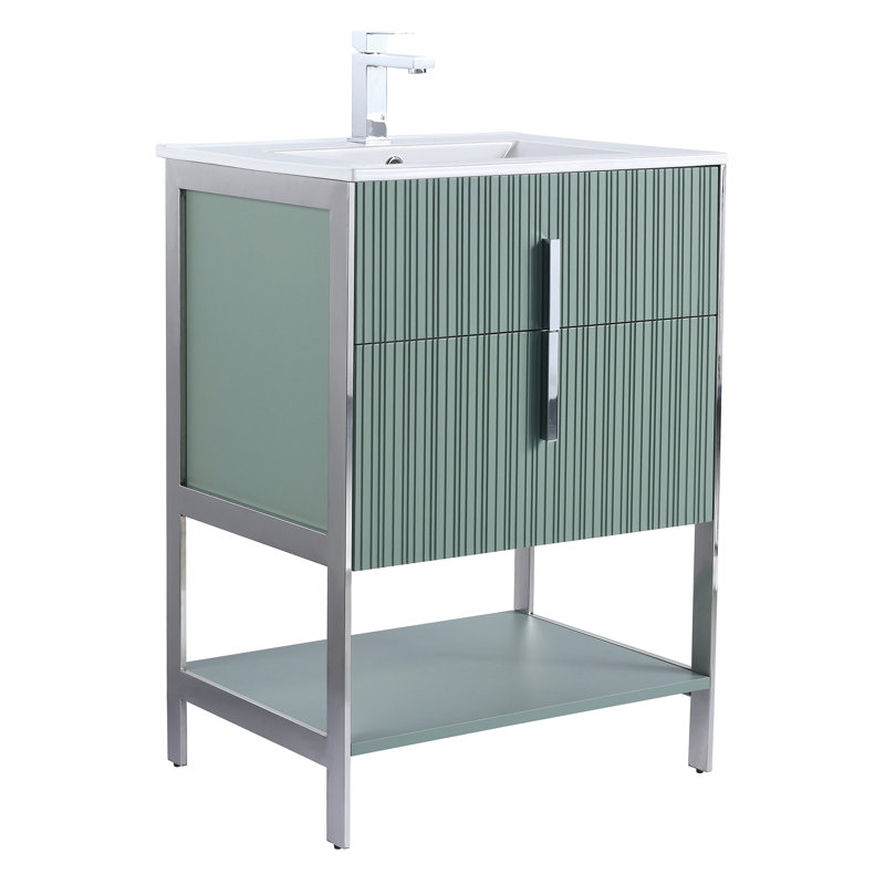  Serenity Modern Bathroom Vanity with White Ceramic Top, Mint Green/Chrome, 24"