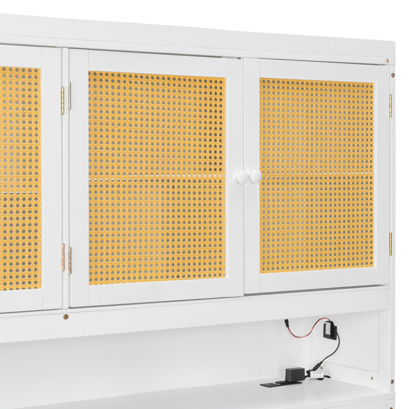 Lit escamotable pliable peu encombrant avec armoire supérieure, éclairage intégré et port USB pour la vie moderne, Blanc
