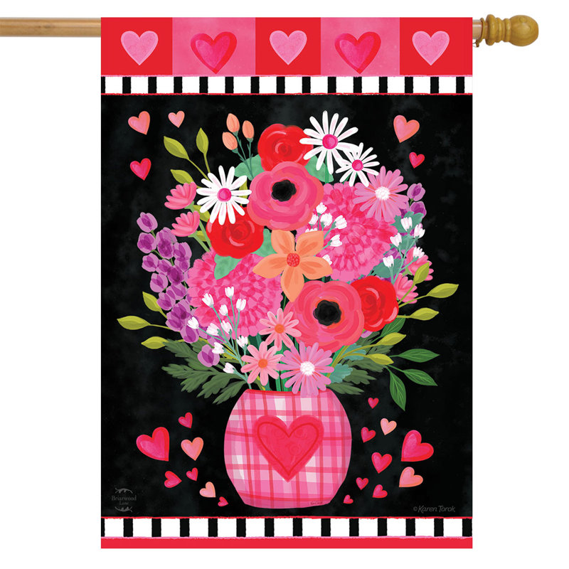 Drapeau de maison avec cœurs et fleurs, Rose / noir / rouge