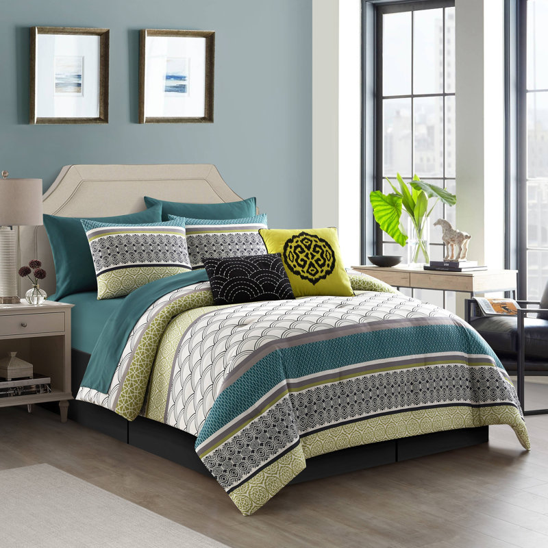Yellow/Blue Microfiber 10 Piece Comforter Set, King Comforter + 9 Additional Pieces