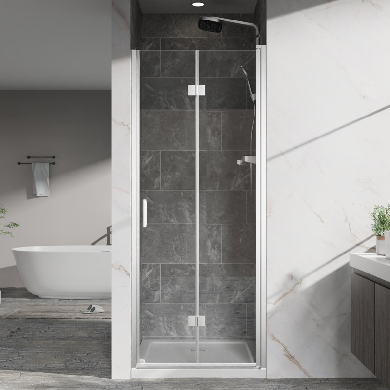 32 à 33,2 po X P 72 po H Porte de douche pivotante bi-pliante sans cadre avec verre transparent, Chrome chrome