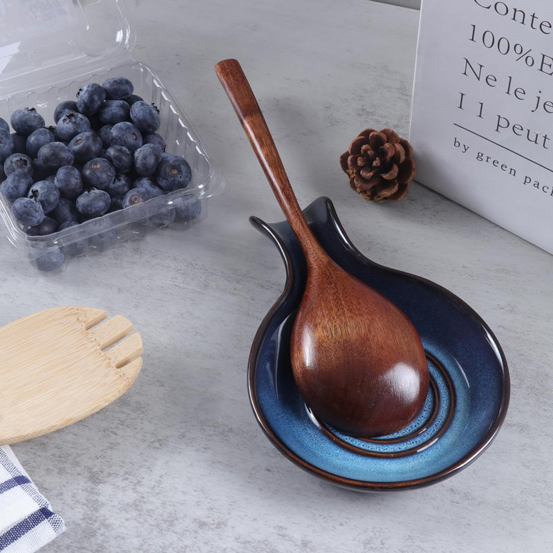 Repose-cuillère en porcelaine pour comptoir de cuisine, porte-cuillère pour cuisinière, Bleu
