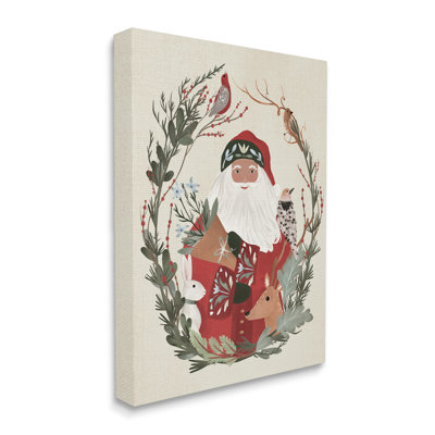 Père Noël, vacances, faune, feuille, bordure botanique, encadré noir, art texturé par Laura Konyndyk