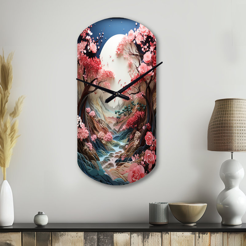 Asian Asian Zen Garden V - Cylinder Asian Art, horloge murale en métal rose, Petit