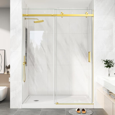 44-48 " W X 76 " H Double Sliding Frameless Shower Door 1/4" Tempered Glass With Explosion-proof Film Gold, Stainless Steel Hardware, Gold
