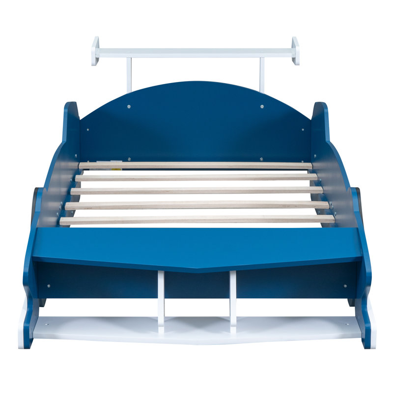 Meridian Race Car Platform Bed With Wheels, Pine Wood And MDF, Twin, Blue