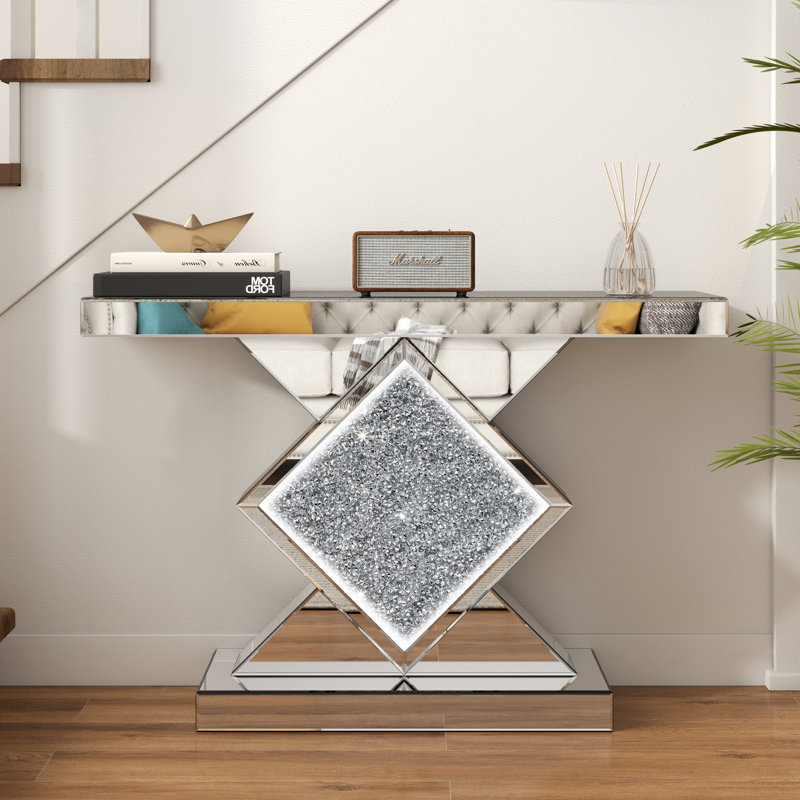 Rillamas LED Lighting Mirrored Console Table Crushed Diamond Inlay
