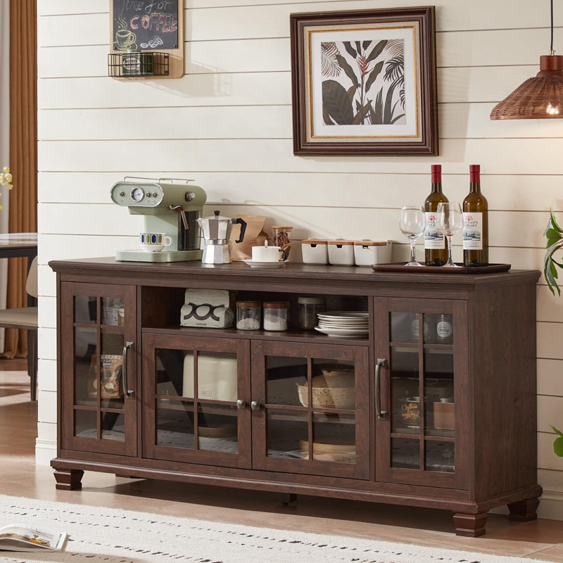 Large Sideboard Buffet Cabinet with Storage, Vintage Walnut Farmhouse 60" Wide Credenza Accent Cabinets with Glass Doors & Wood Legs, Kitchen Coffee Bar Table for Dining Room, Living Room