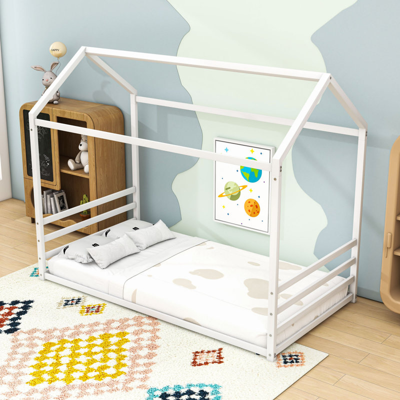House-Shaped Floor Bed With Guardrails, White, Twin