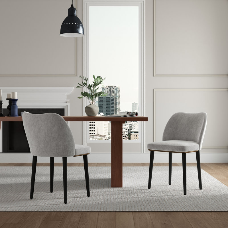 Mid-Century Upholstered Dining Chairs with Solid Wood Legs, Curved Back, Gray