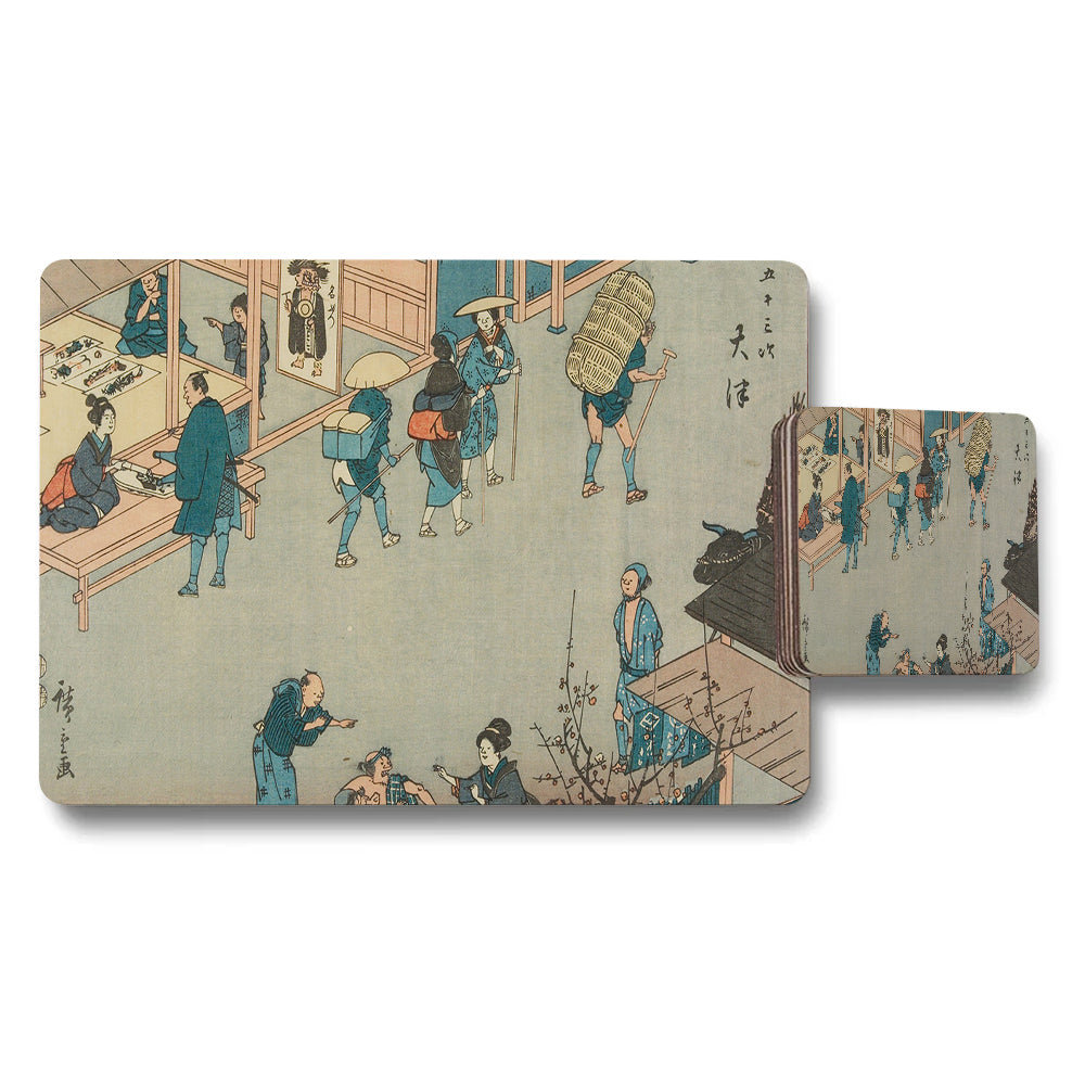 Japanese Ukiyoe Placemats And Coasters Set With Traditional Street Scene
