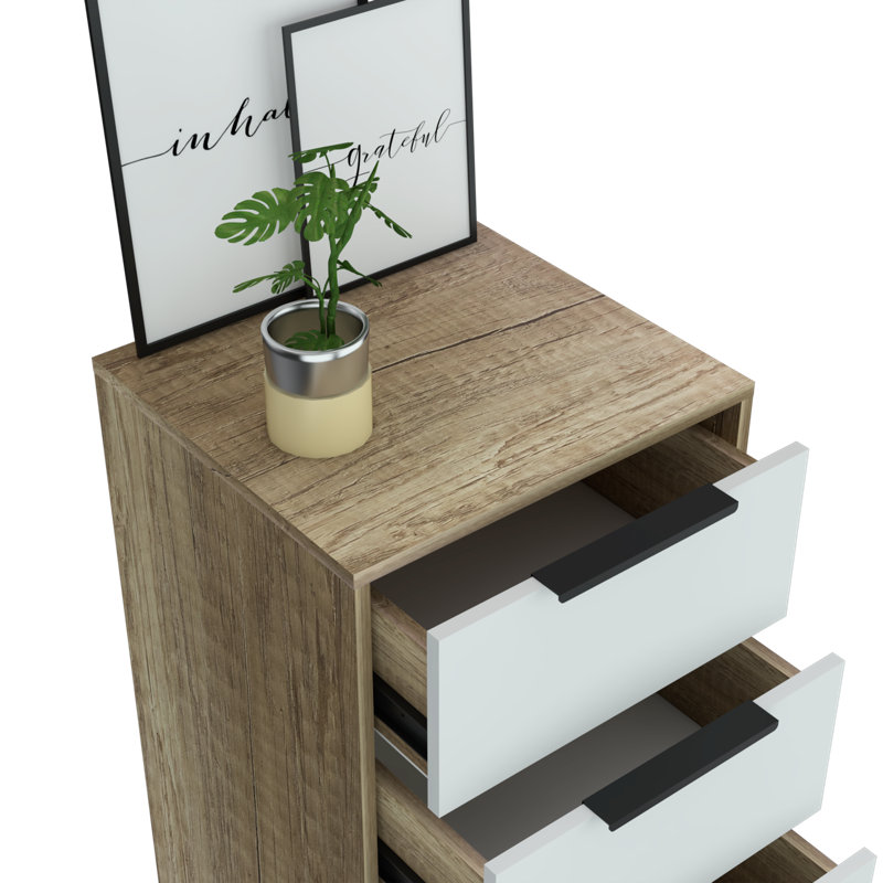Commode verticale 5 tiroirs Kaia, Chêne pâle / blanc