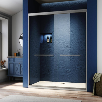 Sliding Shower Glass Door 56-60 In. W X 72 In. H, Adjustable Semi Frameless Shower Door, Certified Thick Clear Clear Tempered Glass, 304 Stainless Steel Handles