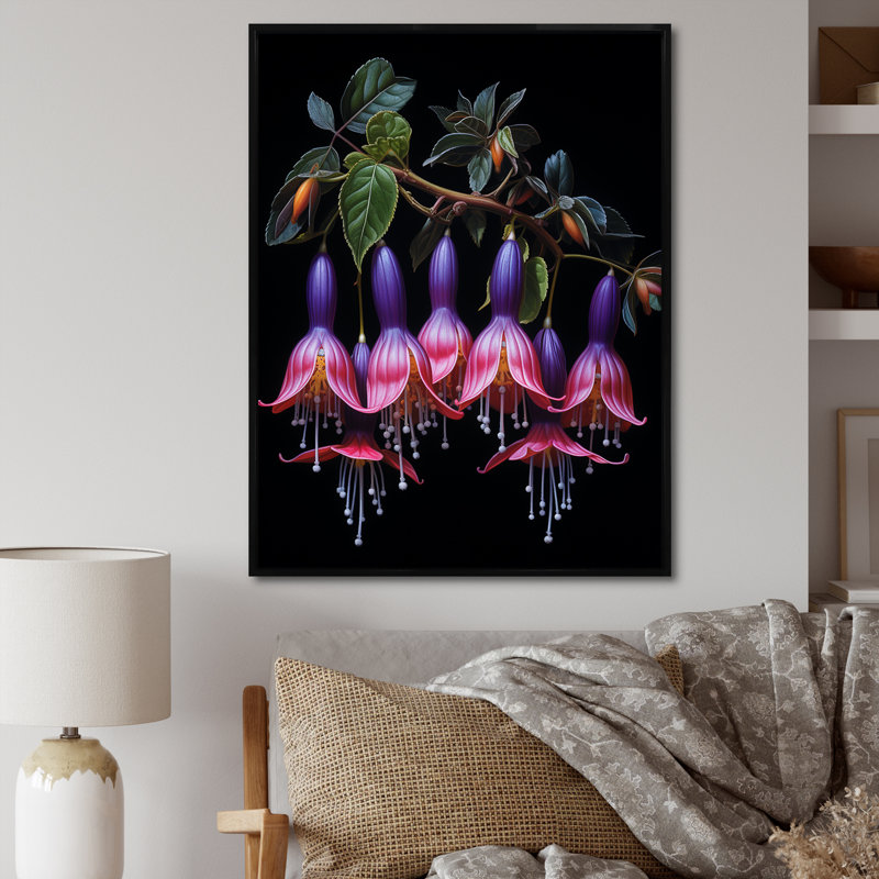 Fleurs mauves en cascade - Fuschia, H 20 po x l 12 po x P 1 po, Cadre flottant noir