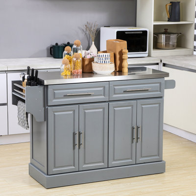 Îlot de cuisine avec rangement et mobilité, gris, plateau en acier inoxydable, 2 tiroirs, armoires, étagère à épices, îlot de rangement portatif, plan de travail, serviettes à déplacer facilement
