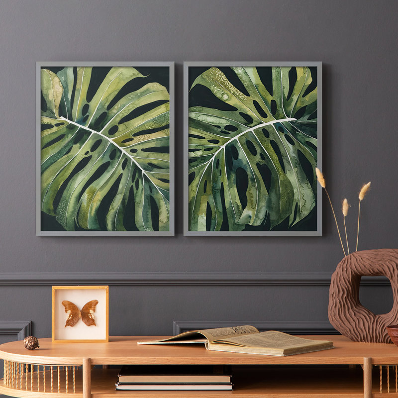 Reproduction encadrée Nocturnal Monstera I-Premium - prête à être accrochée - aucun clou requis - aucun clou requis, Vert