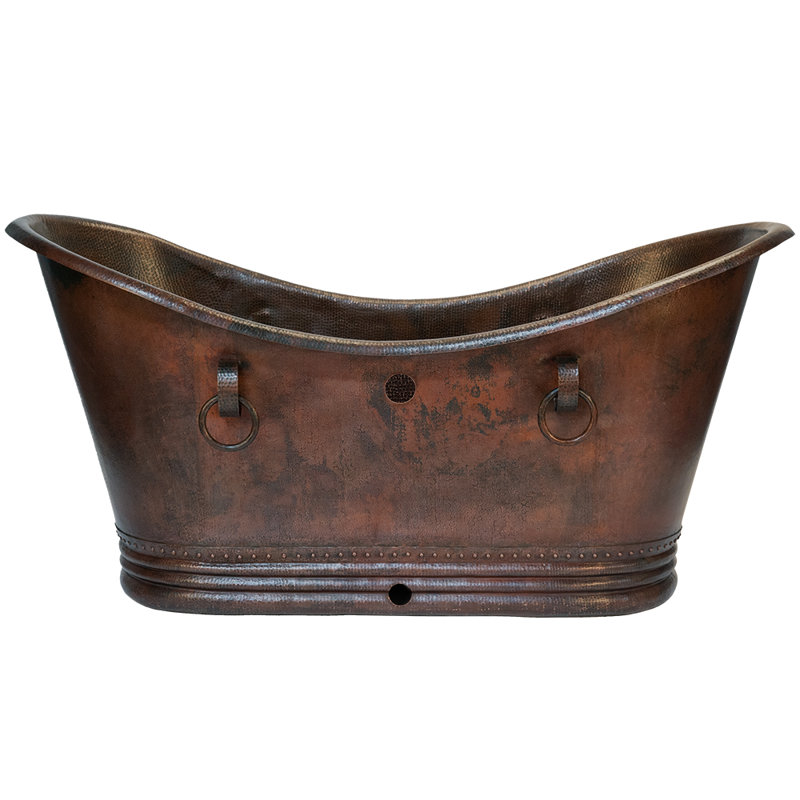 72" Hammered Copper Double Slipper Bathtub with Rings and Overflow Holes