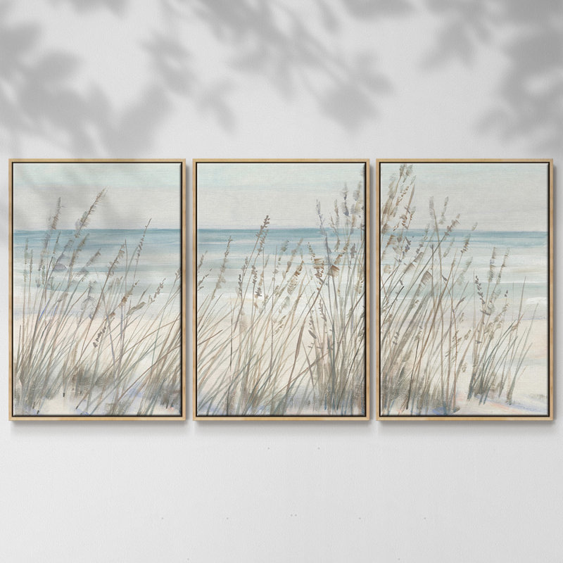 " Beach Grass II " 3 - Pieces Painting Print, 36" H x 75" W, Natural Framed