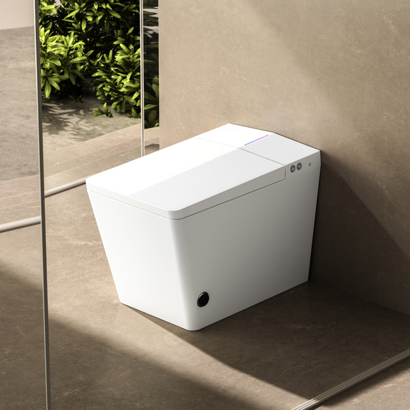 Modern Bathroom Square Smart Toilet With Attached Tank - Remote-Controlled, Auto-Flush, Heated Seat, Led Monitor, User Tailored Settings, White Embedded Remote Operated, Auto Flush, Interface,