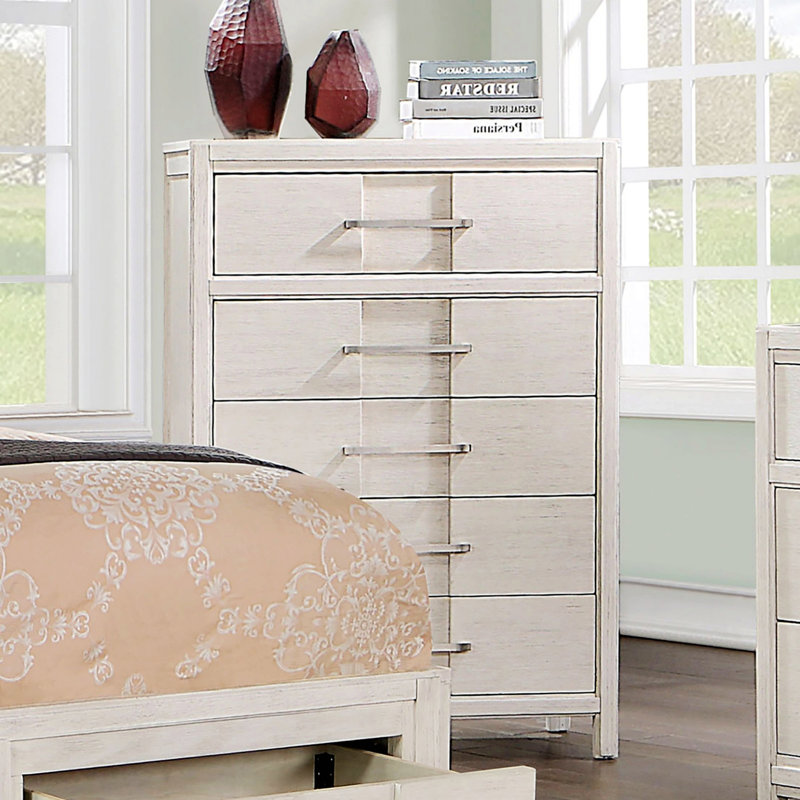 Commode à conception simple avec cinq tiroirs, Blanc