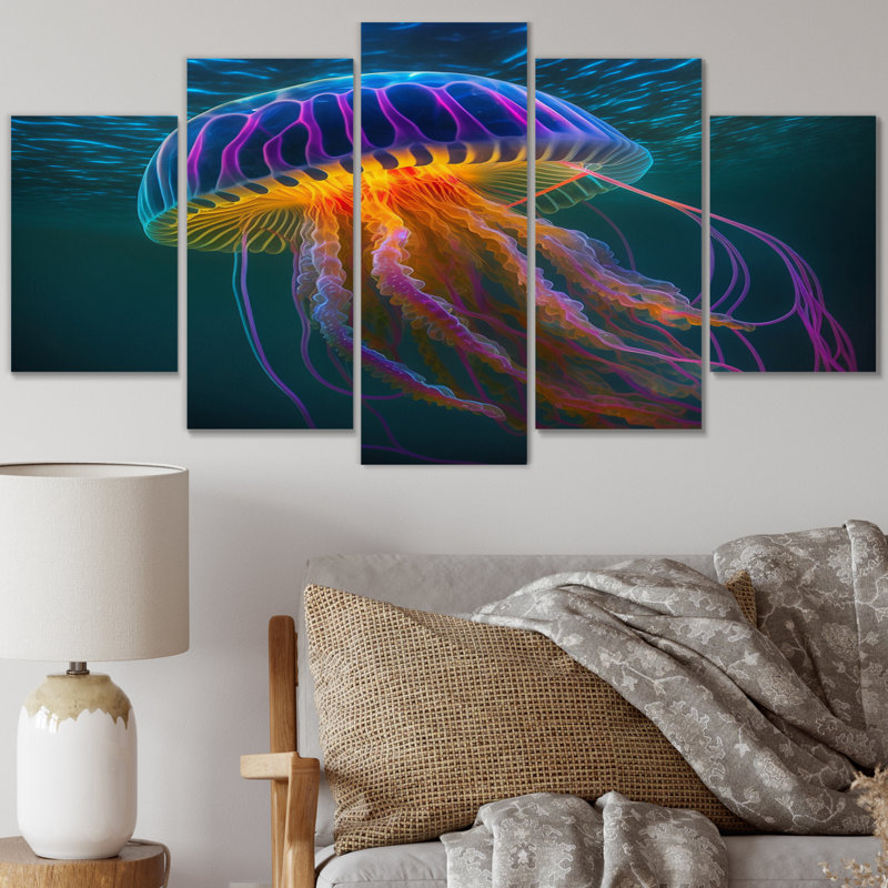 «Radiant Colorful Deep Sea Jellyfish II», impression d'art mural méduse - 5 panneaux