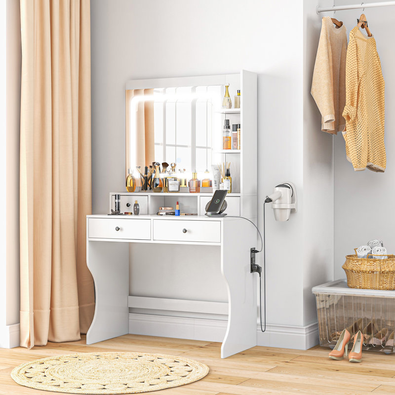 Table de coiffeuse avec station de charge miroir éclairée ports USB blanc