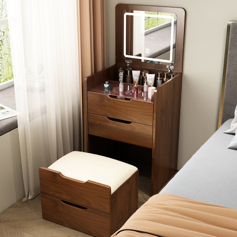 Compact Walnut Makeup Vanity With Modern Design And Practical Storage Stylish Convenient Options, Walnut