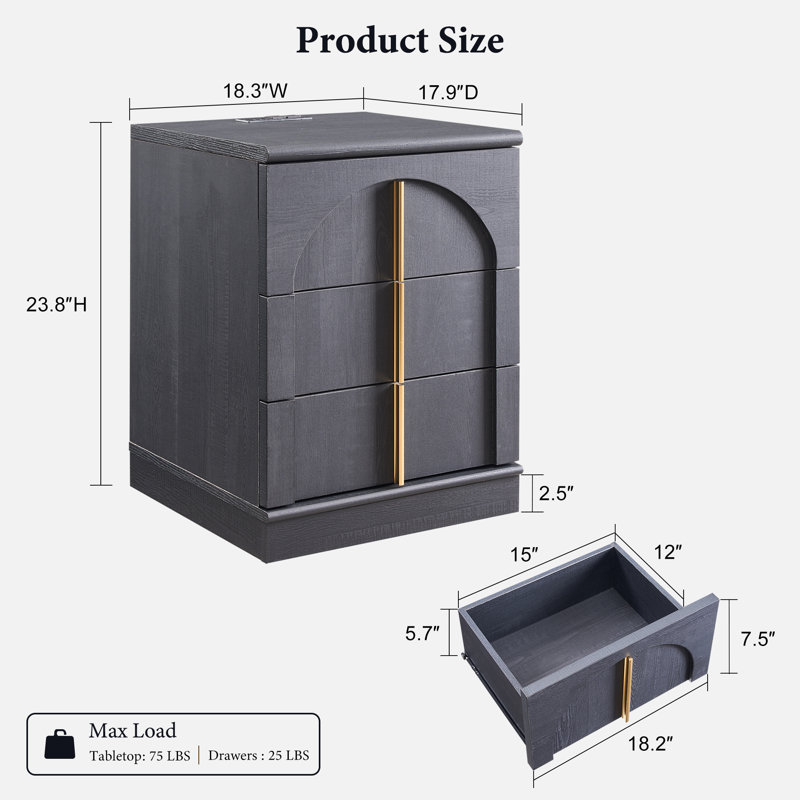 18"W Modern Arch Nightstand with Charging Station, Wooden Square Bedside Table Cabinet with 3 Spacious Drawers, Black