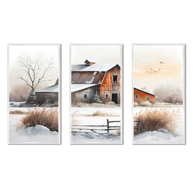 «Red Barn Scenery In Winter II», reproduction sur toile 3 pièces, H 32 po x l 48 po x P 1 po, Cadre blanc