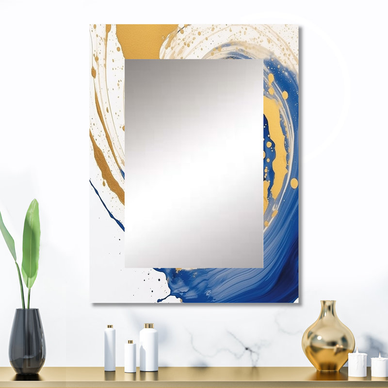 Lunaire bleu foncé et or spirale III - abstrait spirales murales, miroir décoratif bleu, impression d'art en métal