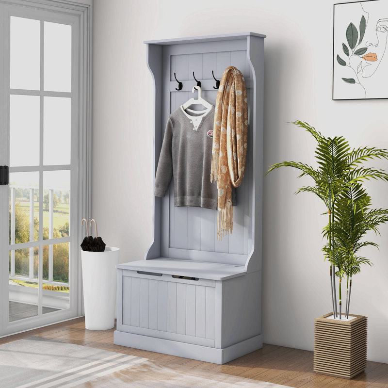 Arbre d'entrée 28 po 3-en-1 avec banc de rangement, portemanteau avec quatre crochets et rangement pour chaussures, gris