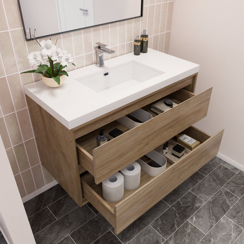 Azden 42" Wall-Mounted Single Bathroom Vanity Set, White Oak