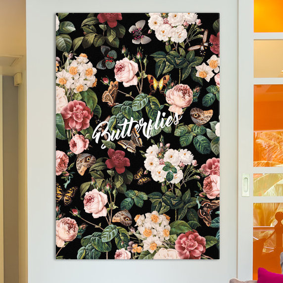 Fleurs et papillons, impression sur toile tendue, H 26 po x l 18 po x P 1,5 po, Toile tendue, Pas de tapis