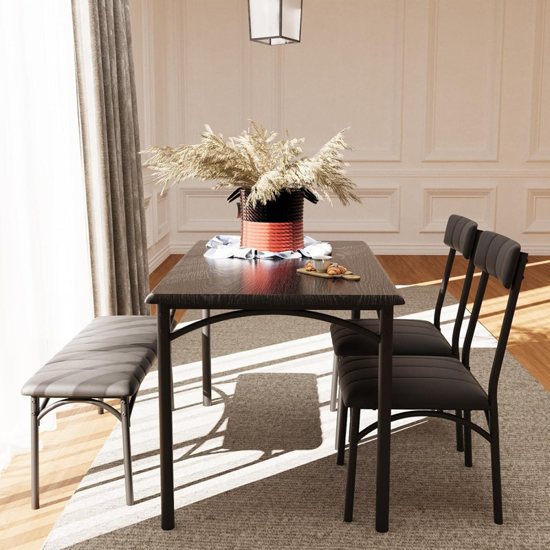 Ensemble de table de salle à manger 4 personnes - Table rectangulaire en bois avec structure en acier, 2 chaises et banc rembourrés, style rétro industriel, peu encombrant pour les petits espaces, noir