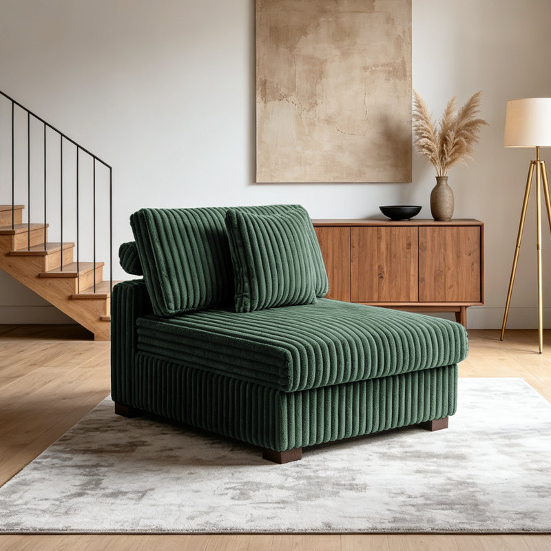Upholstered Green Faux Rabbit Fur Flannel Armless Chair with Pillow Back, Single Chair Module Part For Sectional Sofa, Green