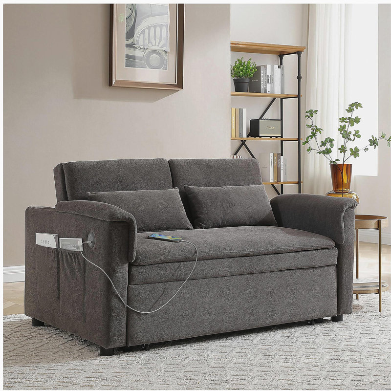 Canapé-lit à deux places en velours de 55 po, dossier réglable avec ports USB, deux poches latérales, canapé-lit convertible 3 en 1, causeuse moderne, 2 coussins de taille pour le salon, GRIS