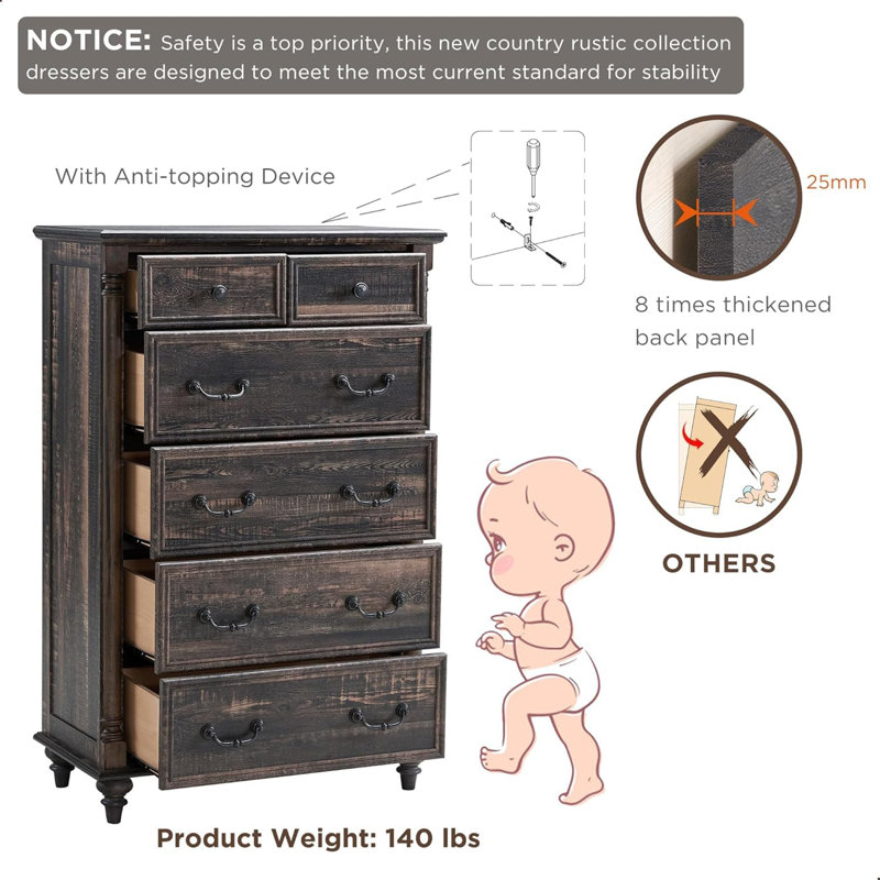 Dark Rustic Oak 6-Drawer Solid Wood Dresser Chest