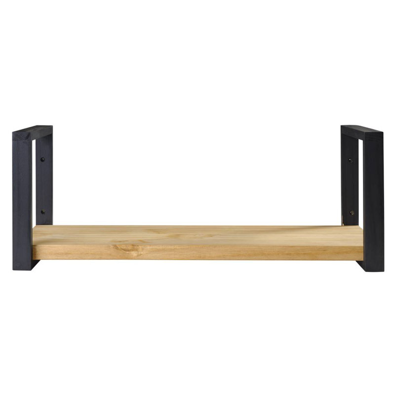Antique Brown Pine Wood Wall Shelf with Black Metal Brackets
