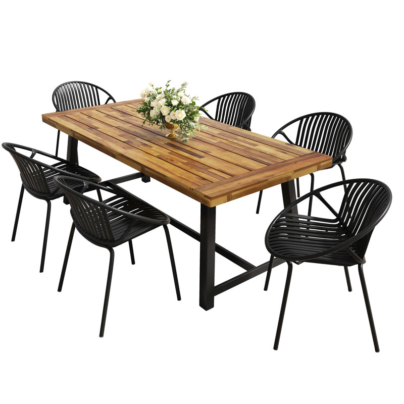 Ensemble repas d'extérieur moderne avec chaise empilable et teck