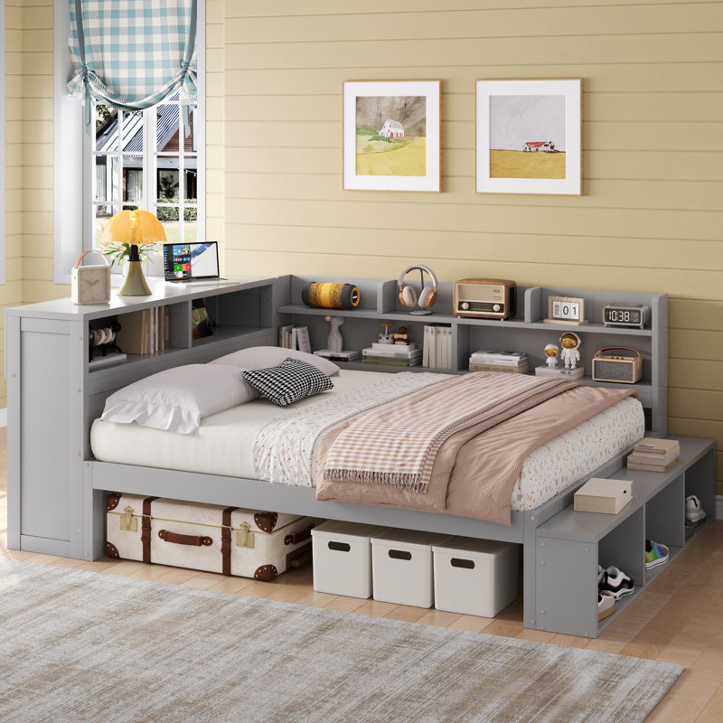 Lit de jour pleine grandeur avec 7 armoires de rangement, étagère à chaussures et ports de chargement USB, gris, Gris