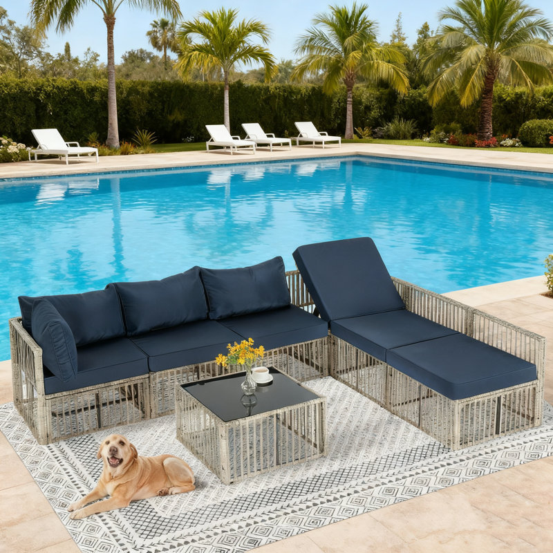 7 Piece Patio Conversation Set with Coffee Table and Cushions, Callye, Gray, Green
