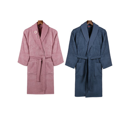 Luxurious Family Bath Set, 40% Bamboo & 60% Cotton, Includes 2 Bathrobes (S/M & M/L), 2 Bath Towels (31.5 x 59.1 in), 2 Hand Towels (19.7 x 35.4 in), 2 Pairs of Slippers, Embroidered, Dusty Rose & Blue Colors, Ultra Soft & Absorbent