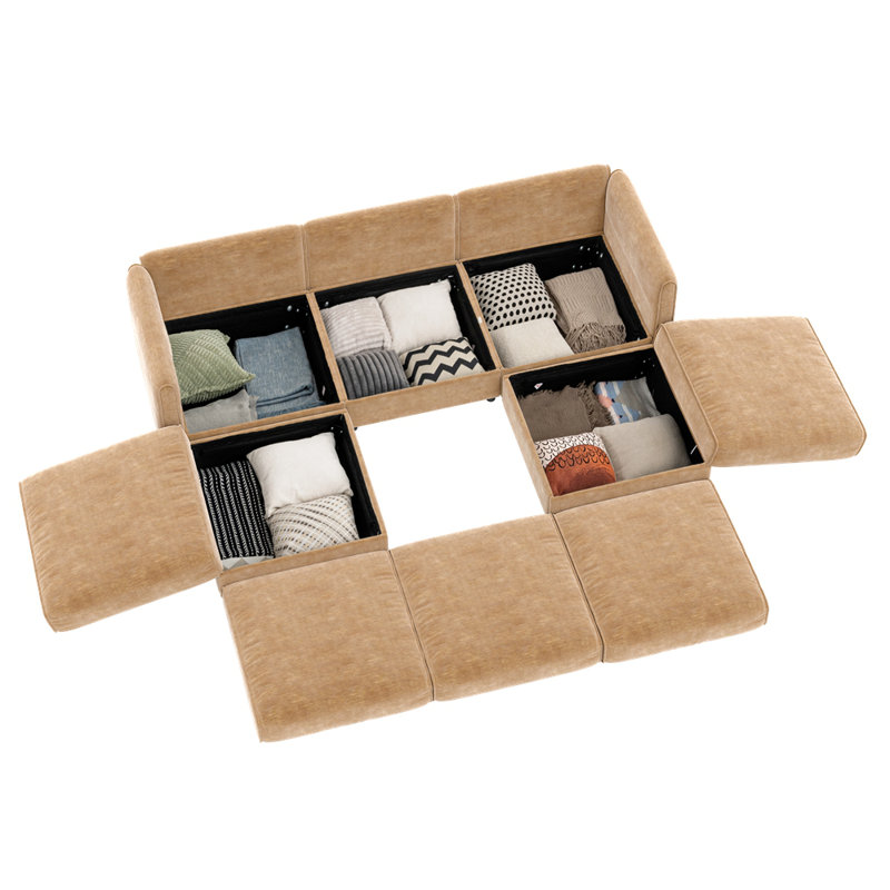 Élégant canapé en chenille avec siège de rangement et repose-pieds, dossier cylindrique en forme de U à 3 places et accoudoirs, canapé contemporain en tissu à 3 places avec compartiment de rangement caché