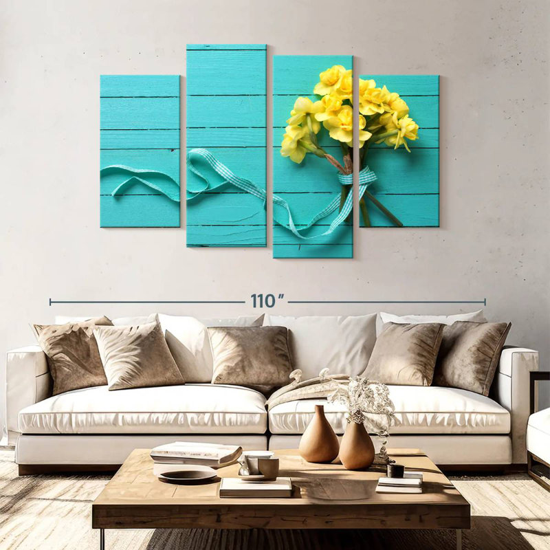 Bouquet de jonquilles Harnek sur fond bleu, H 54 po x l 84 po